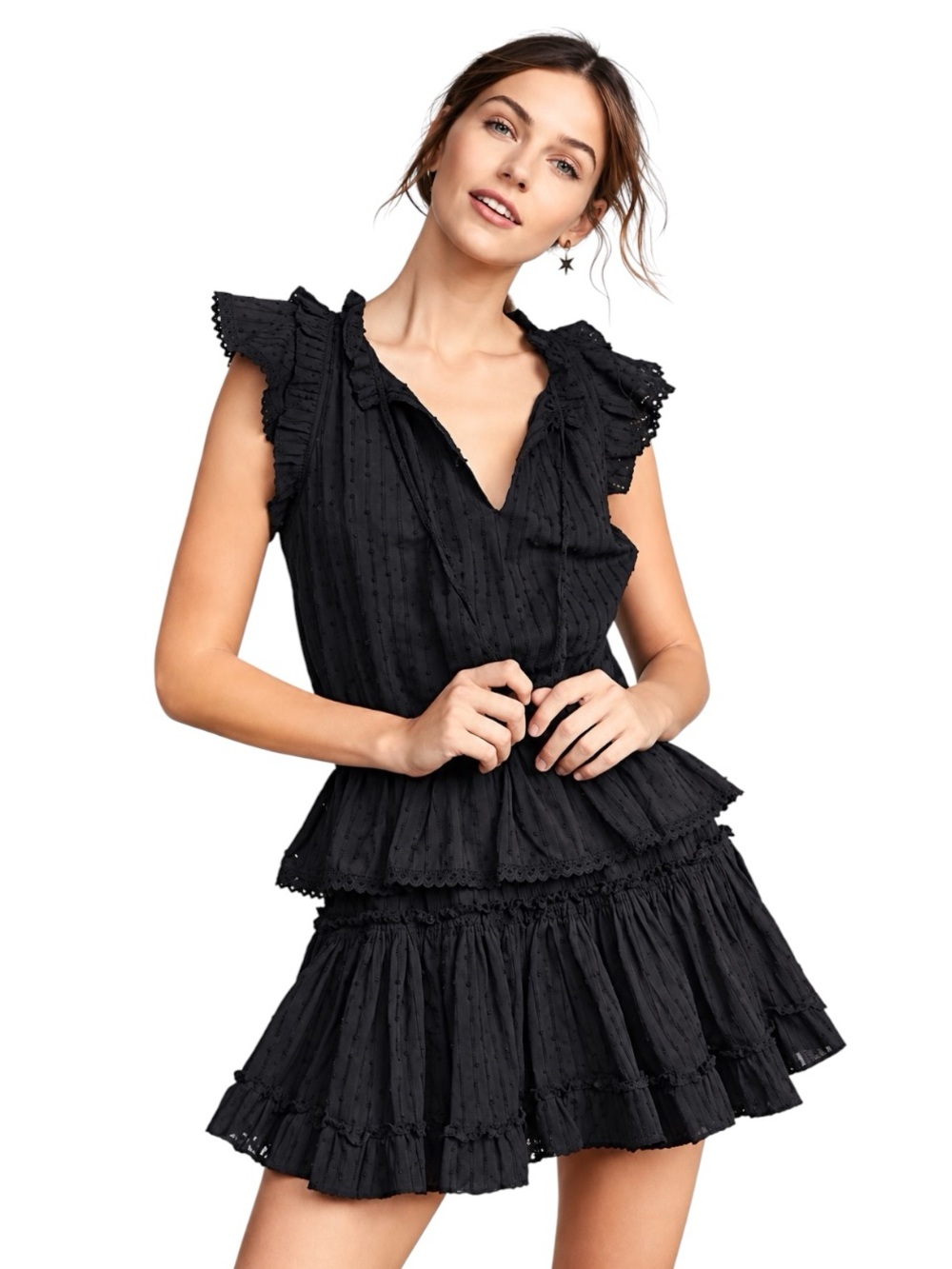 MISA Lilian Black Ruffle Tiered Mini Dress
